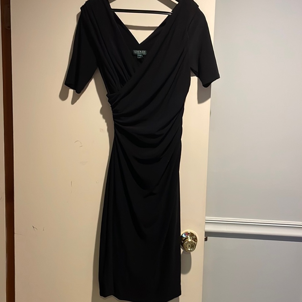 Black half sleeve slip on knee length dress